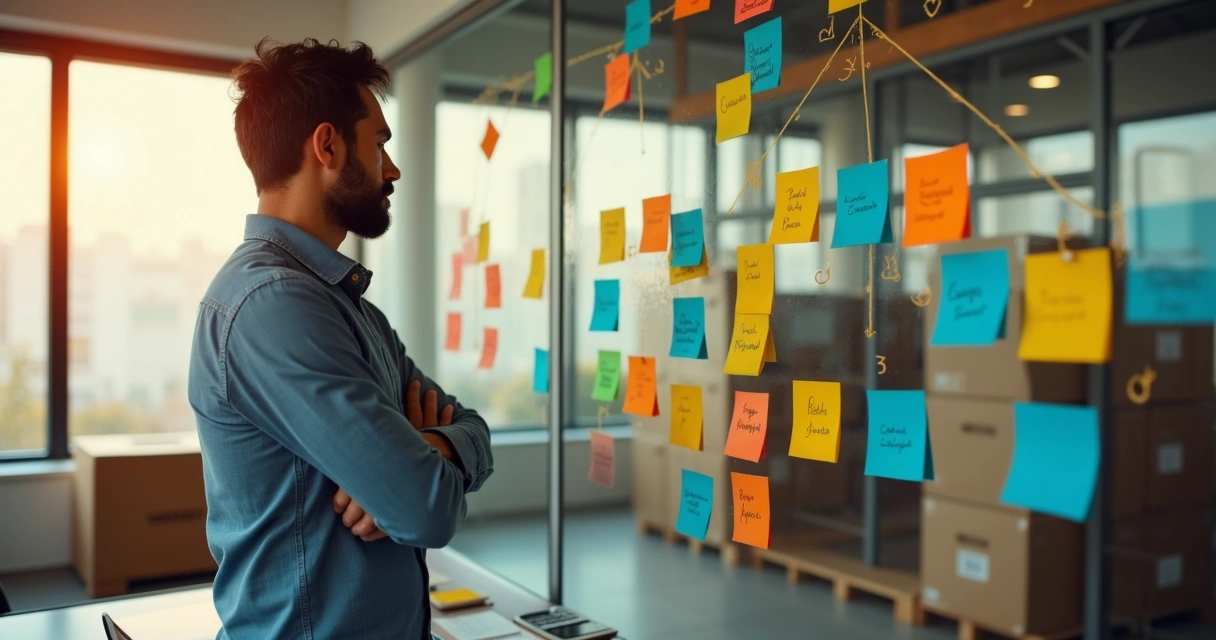 Gestor de PME observando mapa de fontes de receita marcadas em quadro de vidro 
