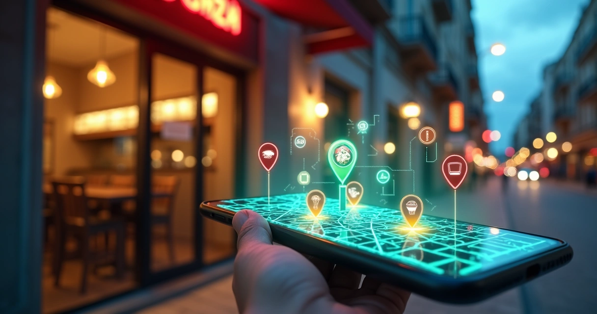 Mapa digital com alfinetes de localização ao redor de um pequeno restaurante 