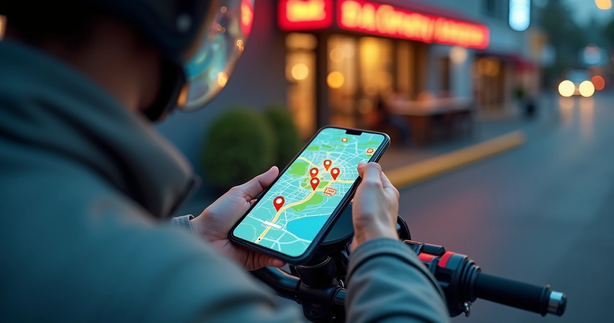Entregador em moto vendo no celular um mapa de geolocalização com várias entregas 