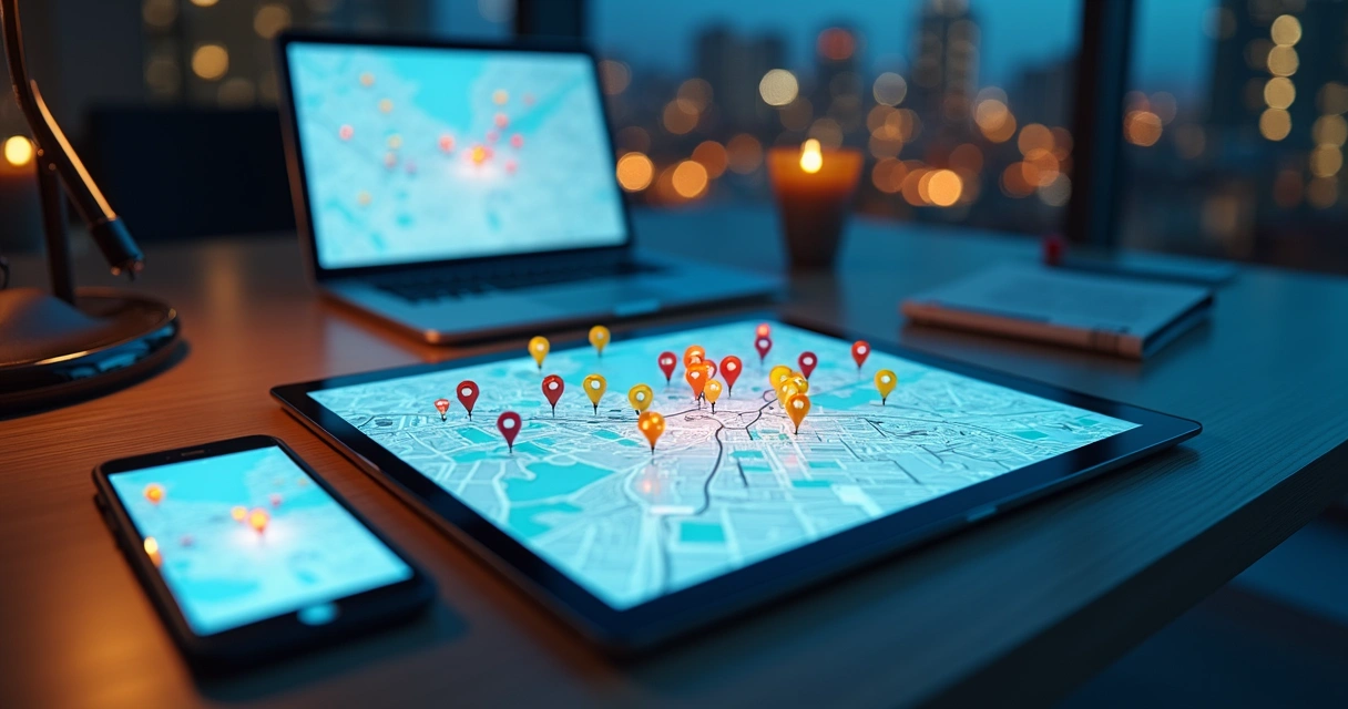 Mapa digital com pins de localização destacando vários imóveis em uma cidade 