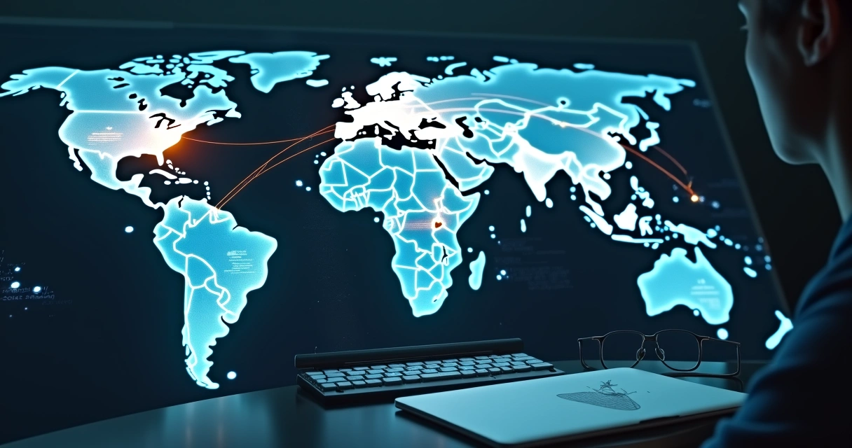 Mapa digital ligando Brasil e Europa com ícones de anúncios B2B e dados de campanha 