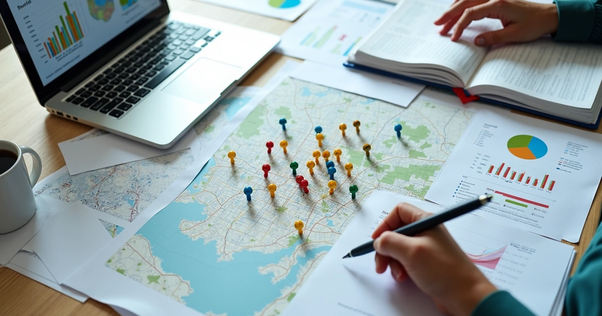 Mapa com gráficos e segmentação de eleitores sobre mesa de trabalho 