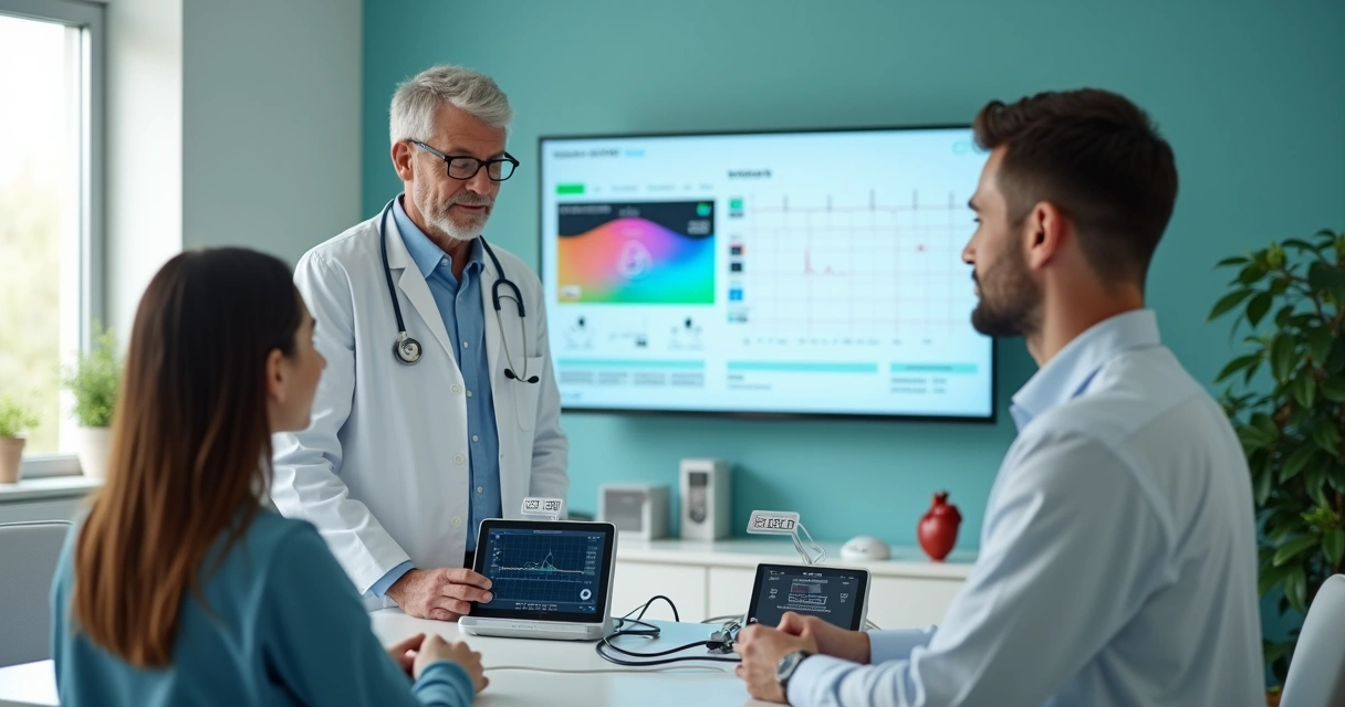 Médico mostrando e explicando aparelhos de MAPA e Holter para paciente em consultório moderno 