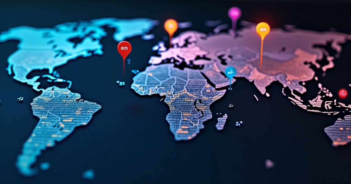 Mapamúndi digital com indicadores de idiomas conectados por linhas de código 