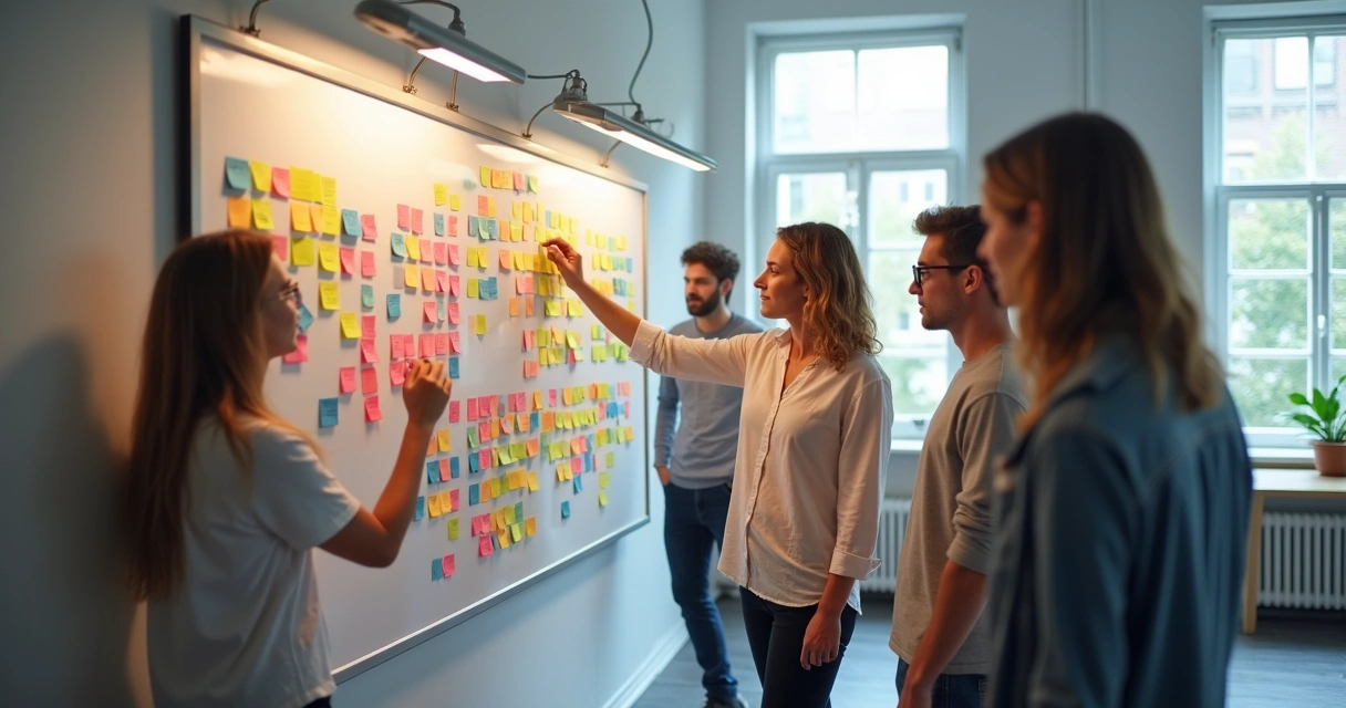 Mapa visual de humor com post-its coloridos em quadro branco, pessoas ao redor analisando