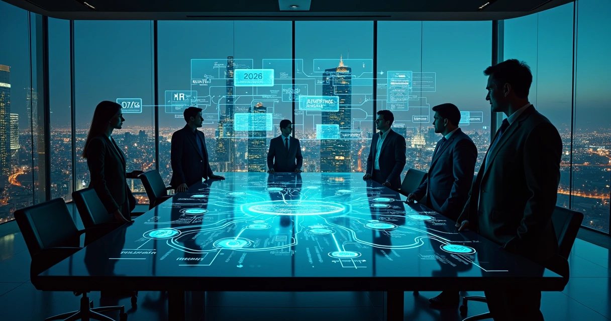 Sala de estratégia com mesa em forma de mapa mental com hologramas de IA e gráficos de negócios 