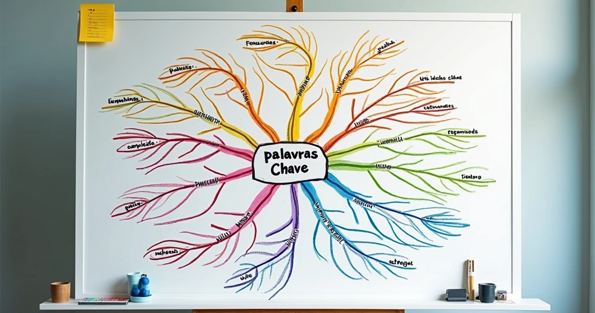 Mapa mental colorido ligando palavras-chave variadas. 