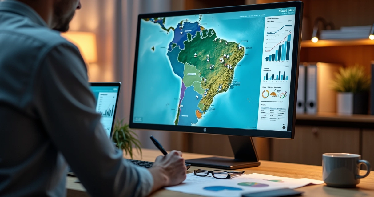 Consultor analisa mapa do Brasil com ícones de ILPIs em tela de monitor 