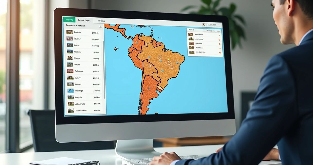 Mapa digital com imóveis em leilão e faixas de desconto 