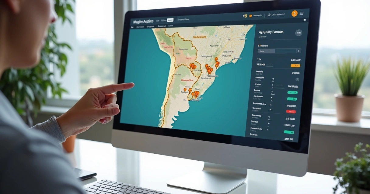 Mapa digital com imóveis em leilão destacados 