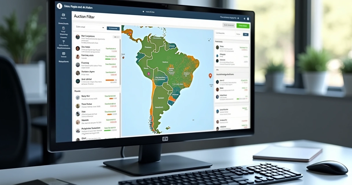 Mapa com imóveis em leilão e marcadores coloridos 