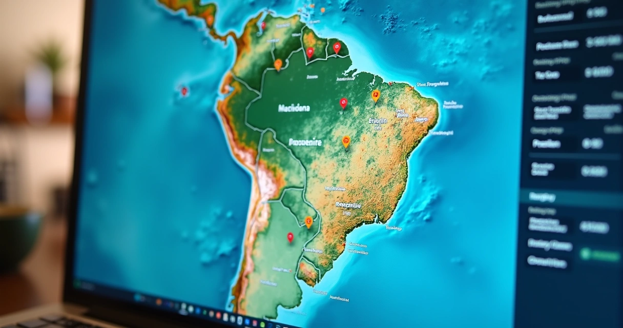 Mapa digital do Brasil destacando imóveis disponíveis para leilão 