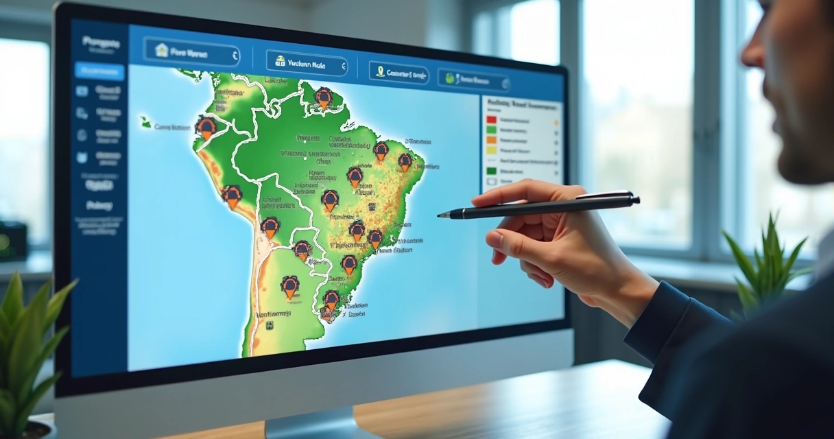Mapa com imóveis em leilão e marcadores de desconto 