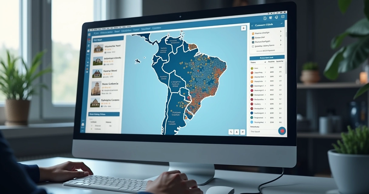 Mapa digital com imóveis em leilão destacados por regiões