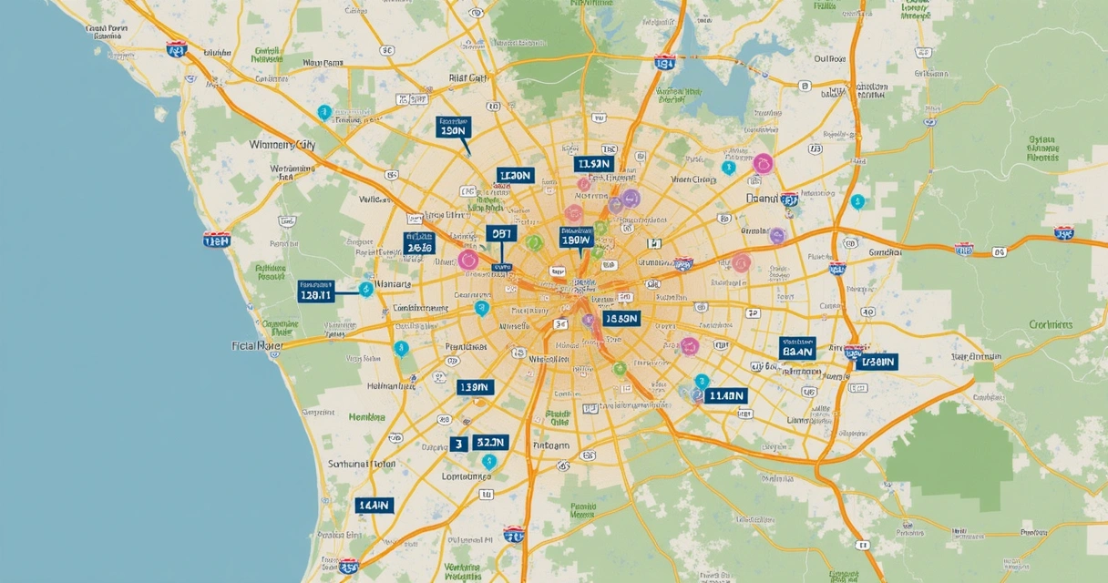 Mapa digital com imóveis destacados em cidades metropolitanas 