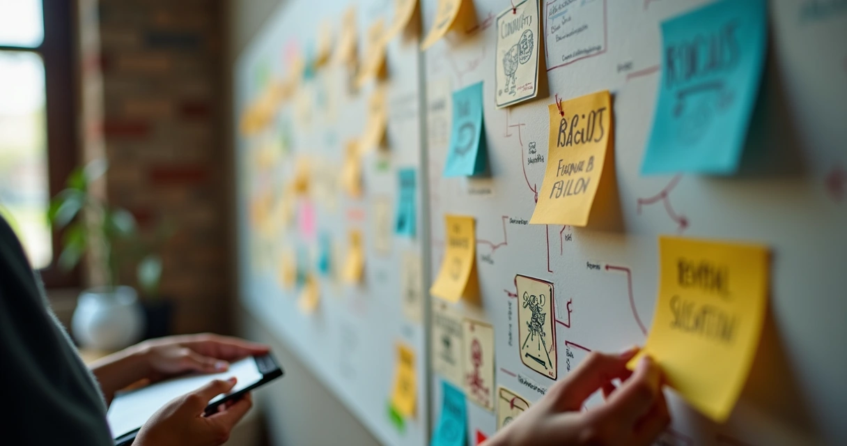 Mapa visual de impacto social con notas y conexiones en una pared 