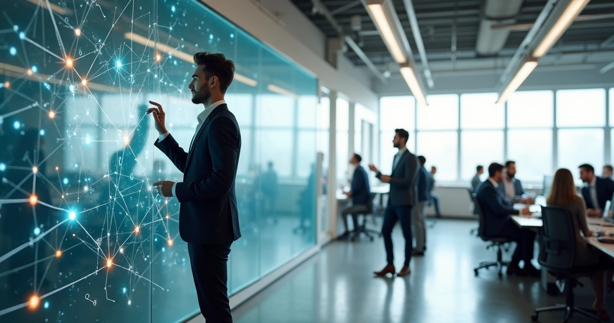 Líder aponta fluxos luminosos em mapa transparente sobre equipe em escritório 