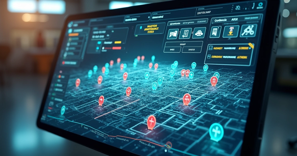 Visualização digital de uma planta industrial com áreas e rotas destacadas 