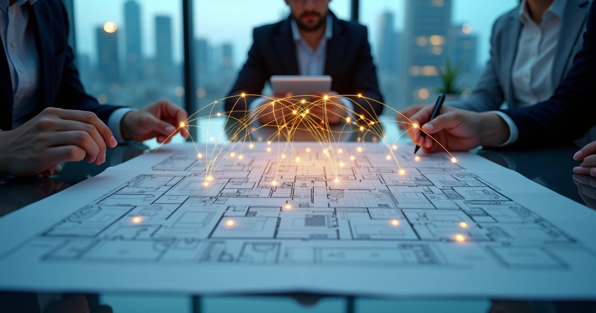 Rede de conexão luminosa sobre planta baixa de escritório corporativo 