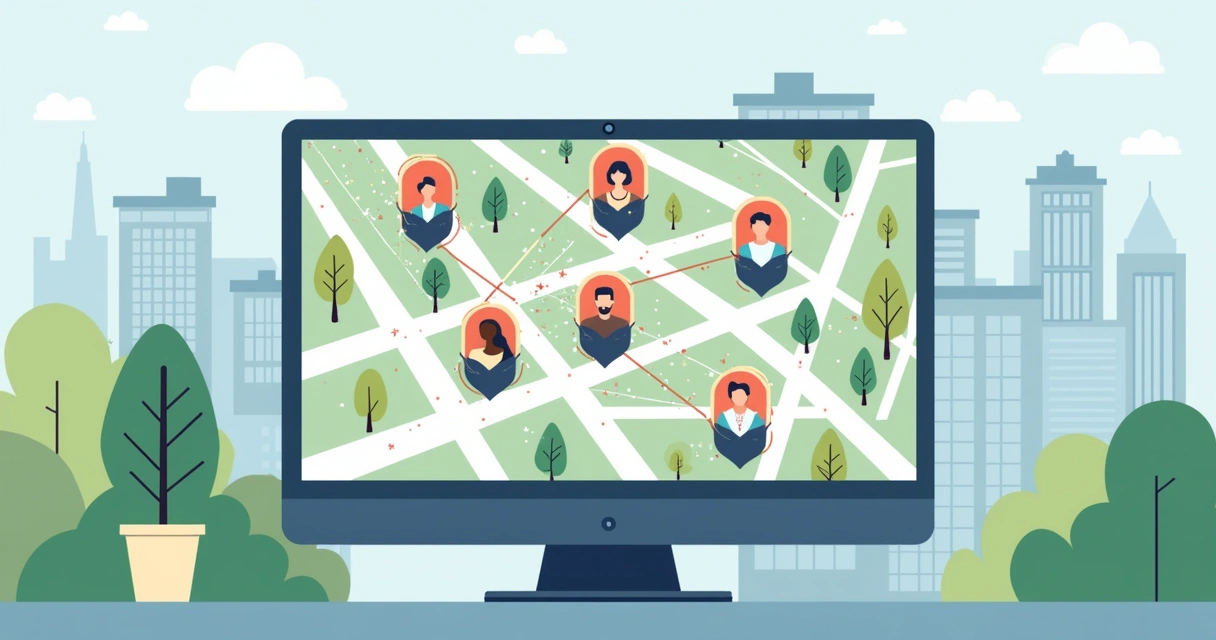 Mapa digital de um bairro destacando influenciadores locais em pontos estratégicos 