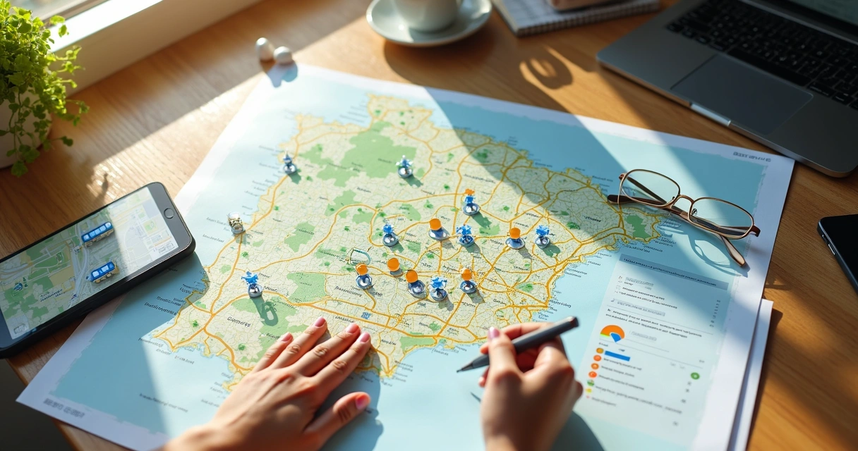 Pessoa analisando mapa de bairro com ícones de infraestrutura em mesa de trabalho 