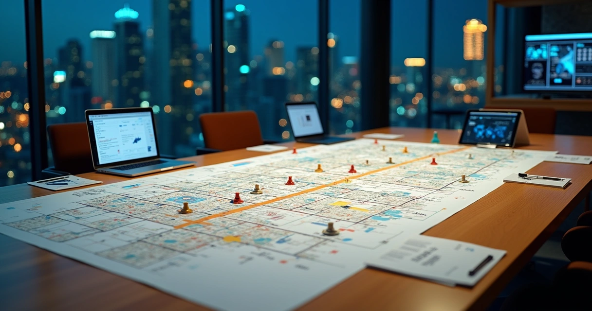 Mesa com mapa estratégico de concorrentes e gráficos de mercado 