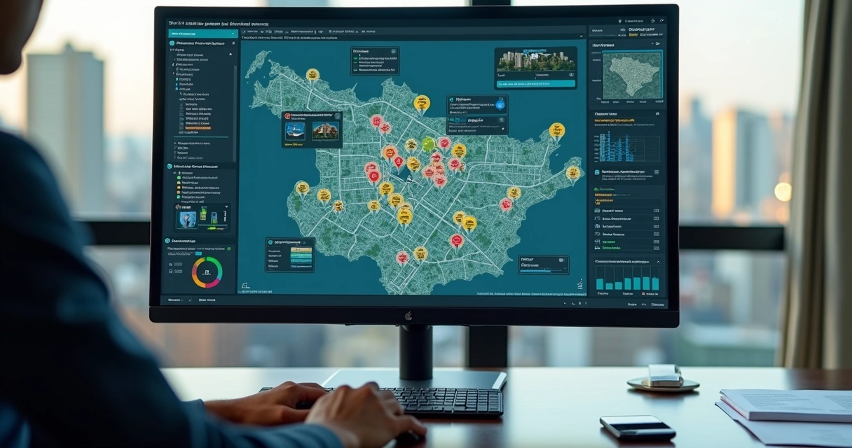 Mapa digital com imóveis destacados e dados de valor e zoneamento 