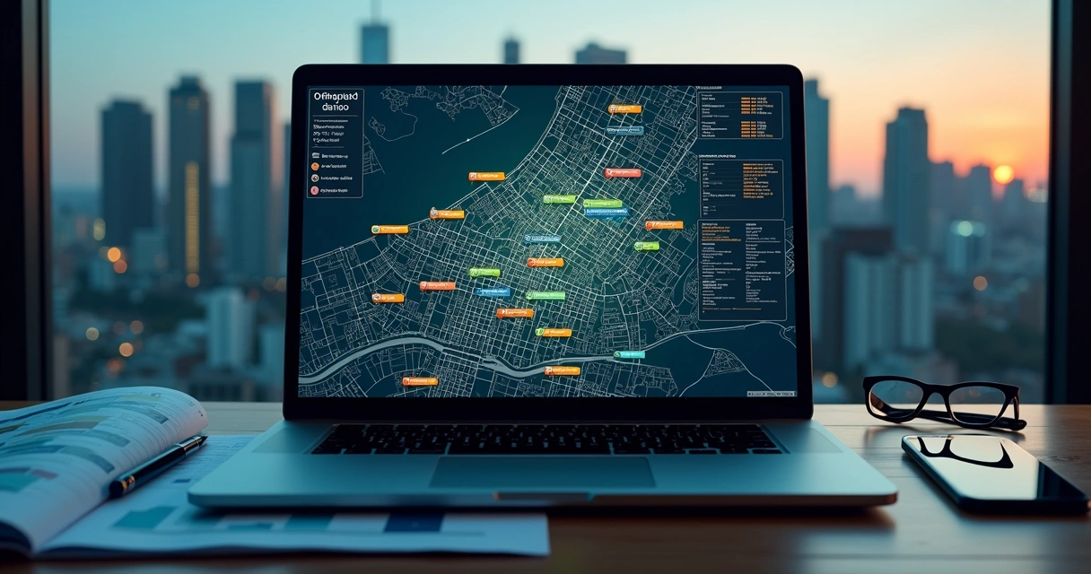 Mapa digital com apartamentos à venda destacados por dados de valor e mercado 
