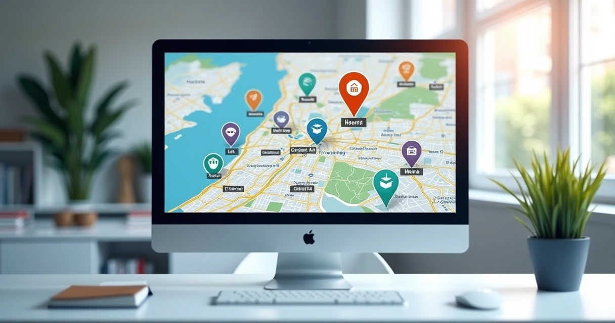 Mapa digital mostrando imóveis disponíveis em bairros diferentes 