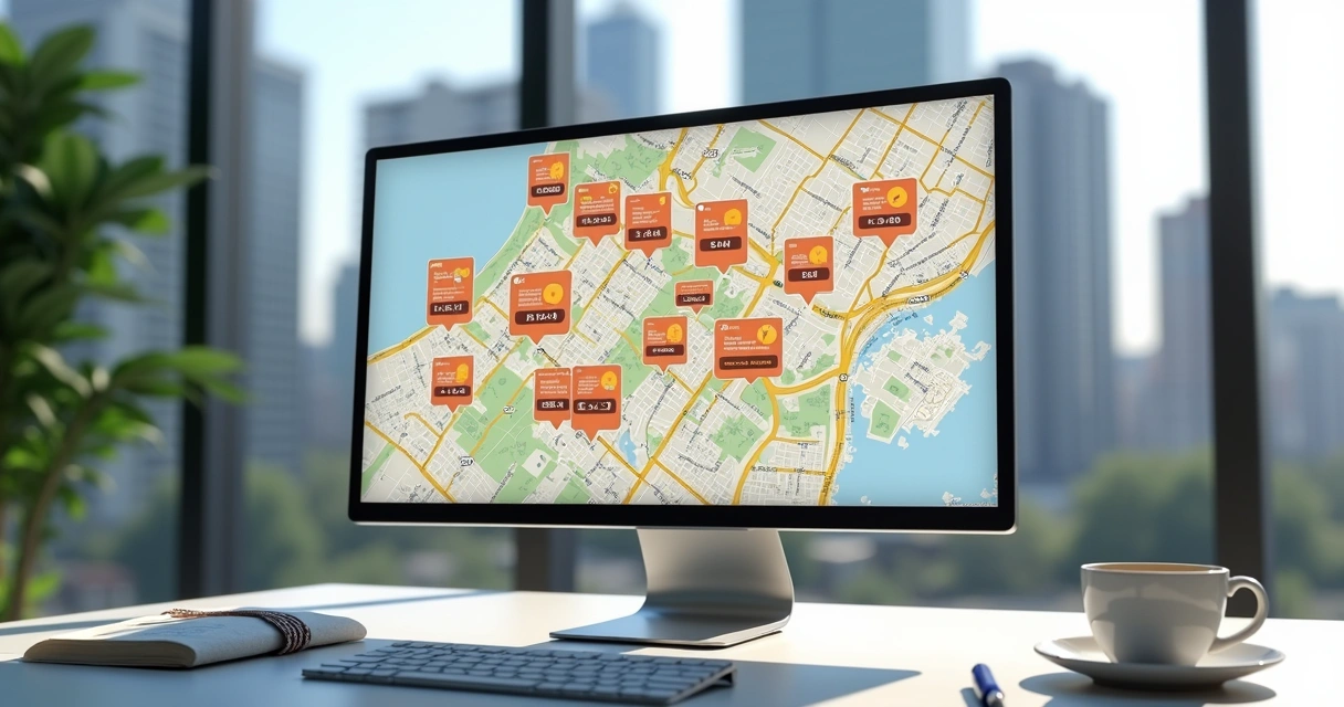 Mapa interativo com dados imobiliários em destaque. 