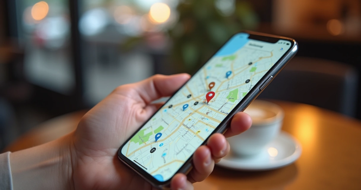 Mapa exibido na tela do smartphone com pins de localização