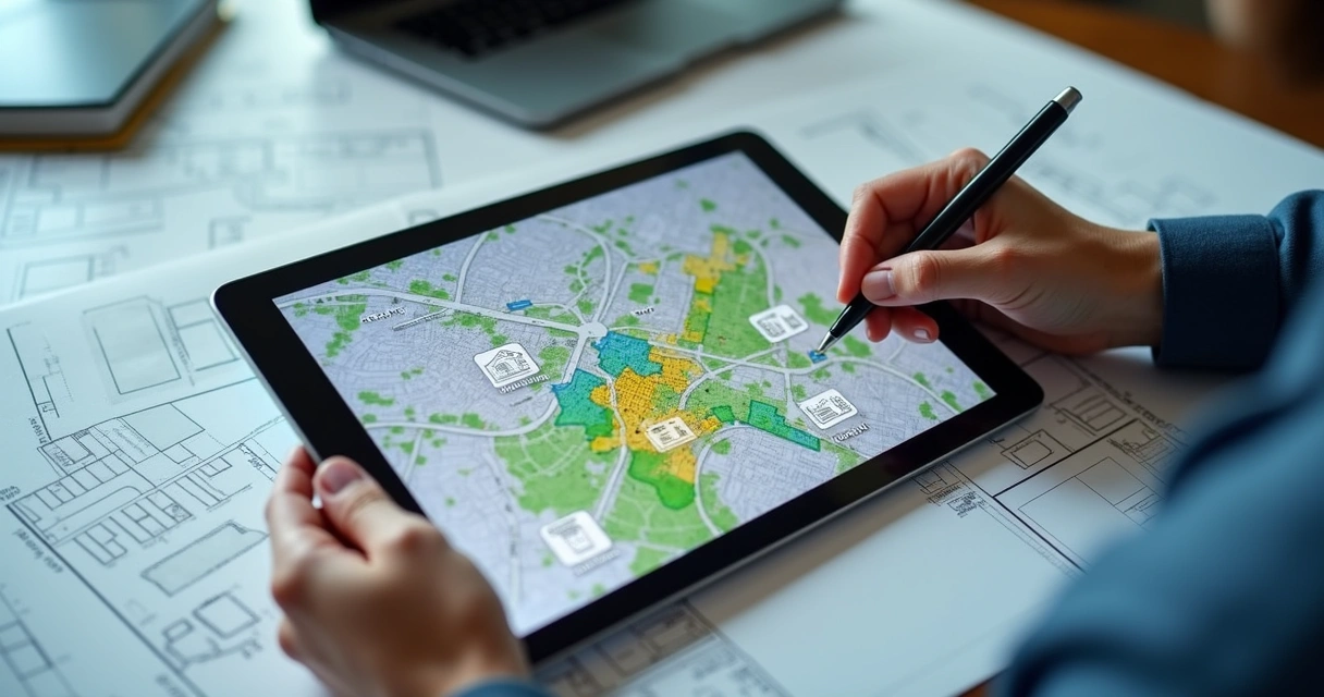 Mapa digital interativo mostrando zonas urbanas e índices 