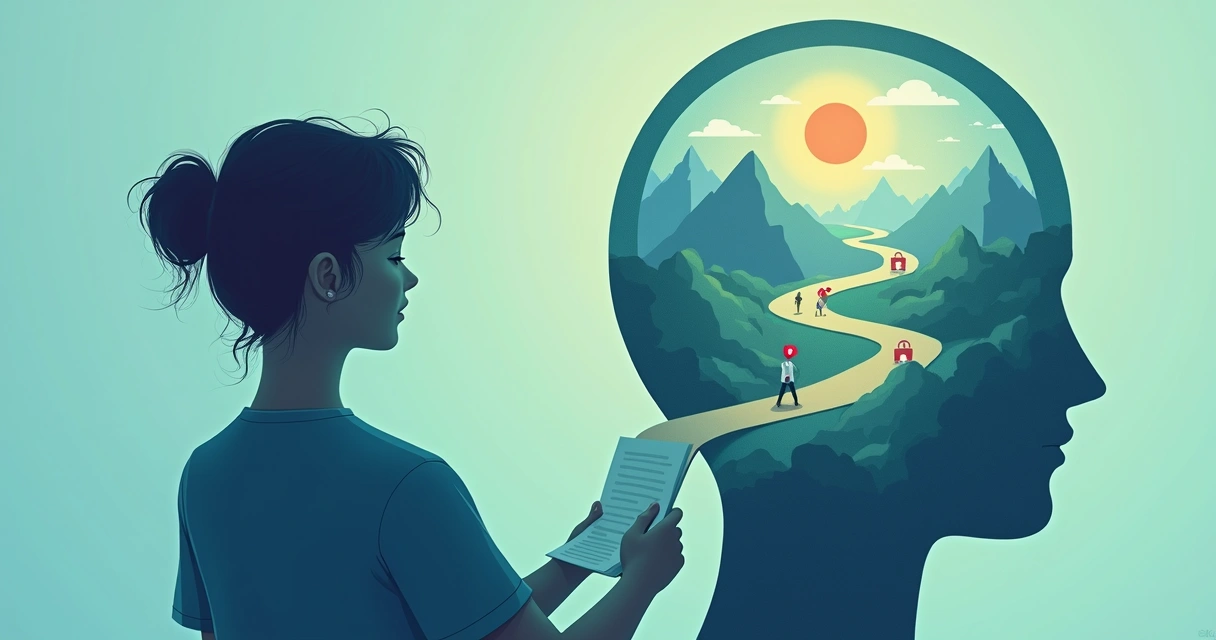 Ilustração de uma pessoa observando um mapa interno com caminhos e obstáculos 