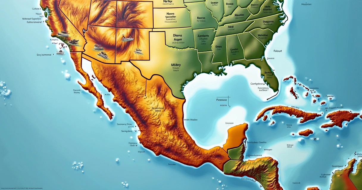 Mapa colorido destacando intervenções e alianças no continente americano 