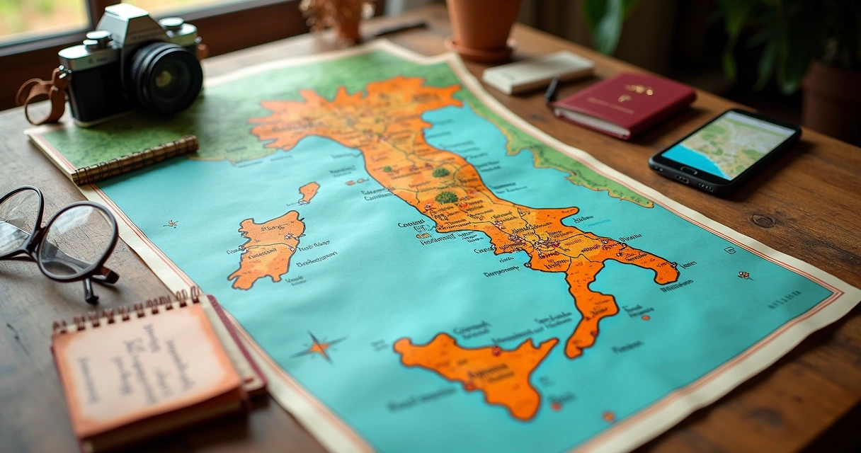Mapa estilizado da Itália com destaques de regiões turísticas famosas 