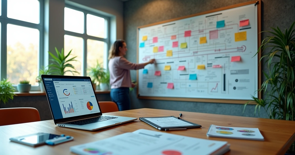 Profissional de marketing educacional planejando um mapa de jornada do aluno em parede com post-its coloridos e gráficos digitais 