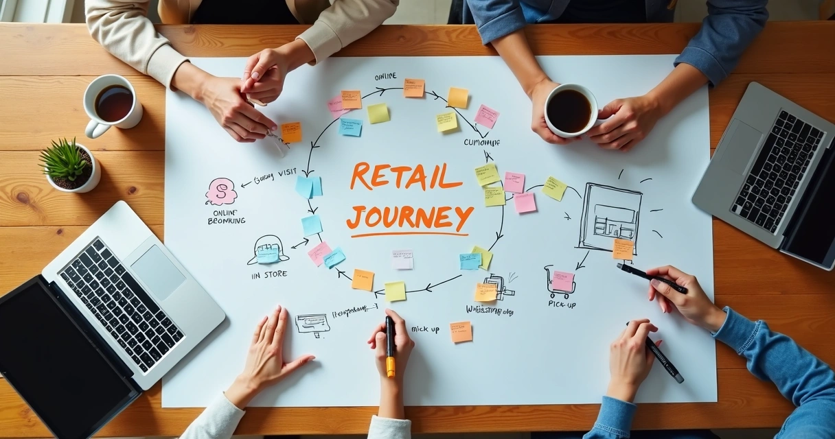 Mapa desenhado em quadro branco com etapas da jornada do cliente no varejo 
