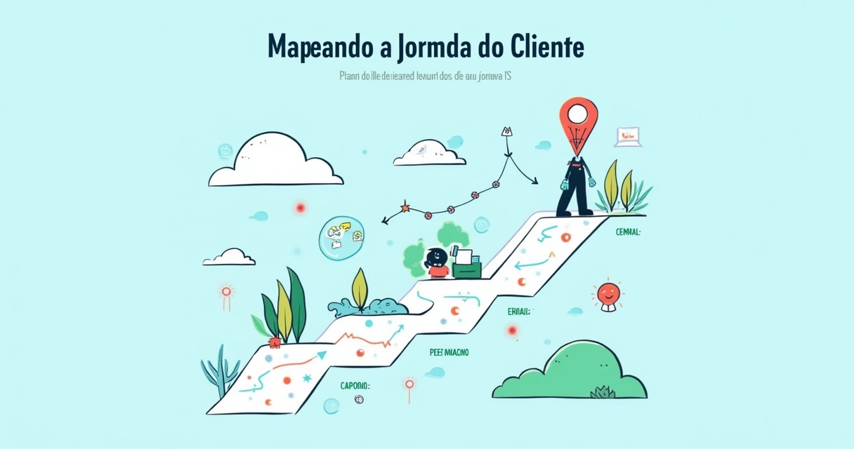 Mapa visual da jornada do cliente com ícones coloridos de etapas e feedback, em fundo azul suave.