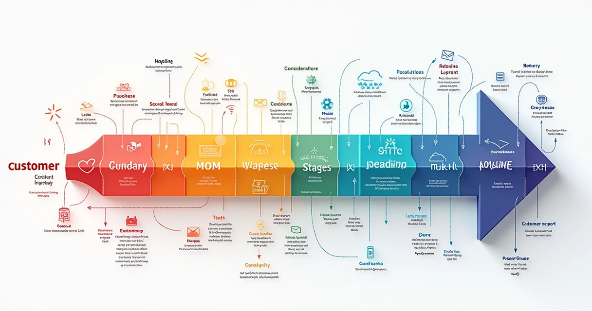 Mapa visual da jornada do cliente, mostrando etapas, pontos de contato e áreas de interação. 