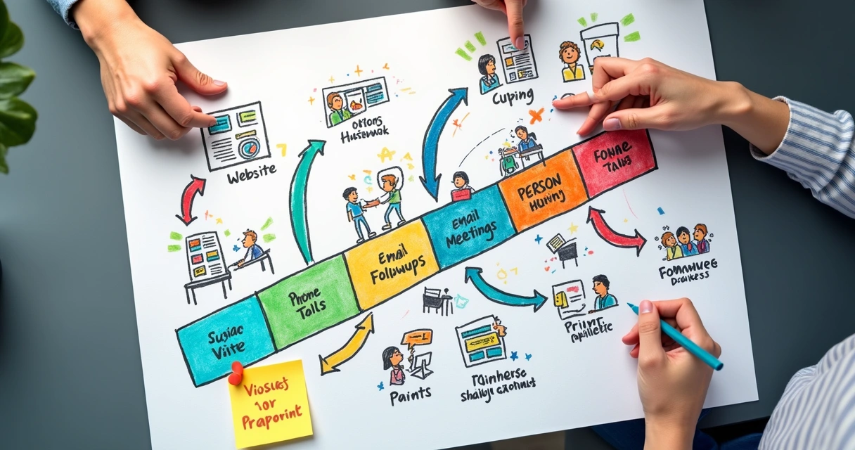 Mapa visual com várias setas e ícones mostrando etapas da jornada do cliente 