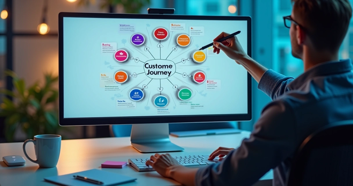 Mapa digital da jornada do cliente em tela de computador