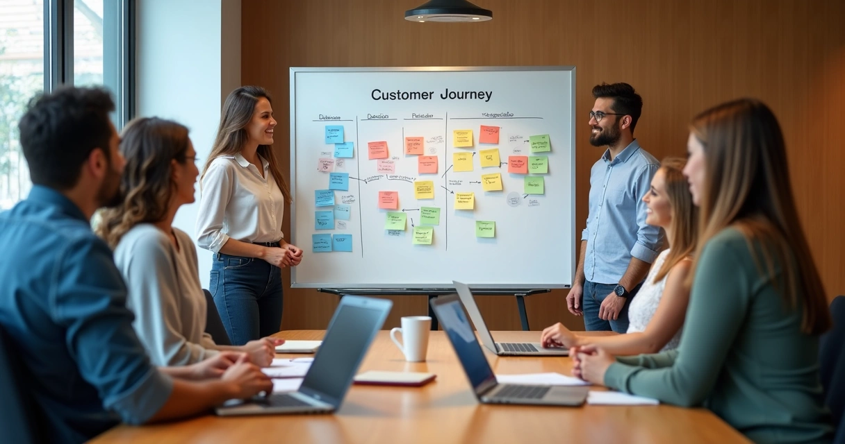 Equipe analisa a jornada do cliente em um quadro branco 