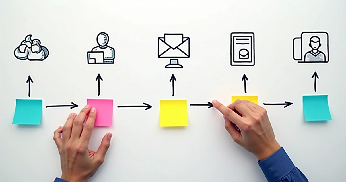 Mapa da jornada do cliente com setas entre etapas