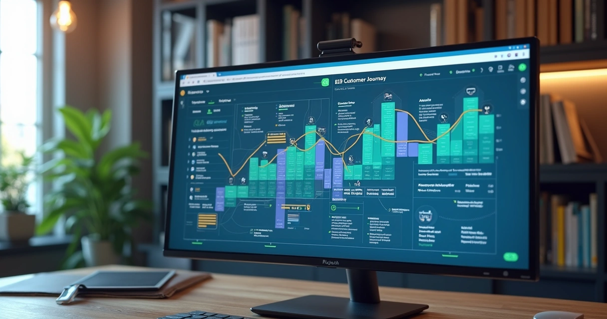 Tela de computador com mapa detalhado da jornada do cliente em CRM B2B iluminada com gráficos e ícones de vendas 