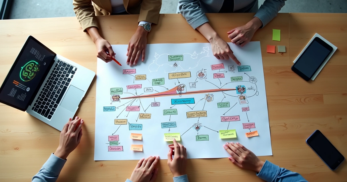 Vista aérea de mesa mostrando mapa de jornada do cliente conectado a ícones de IA e vendas 