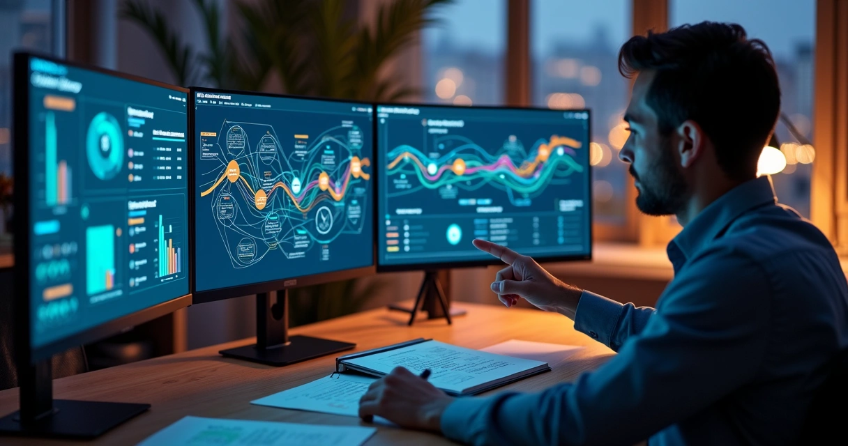 Gestor de marketing analisando mapa da jornada do cliente em múltiplos canais digitais 