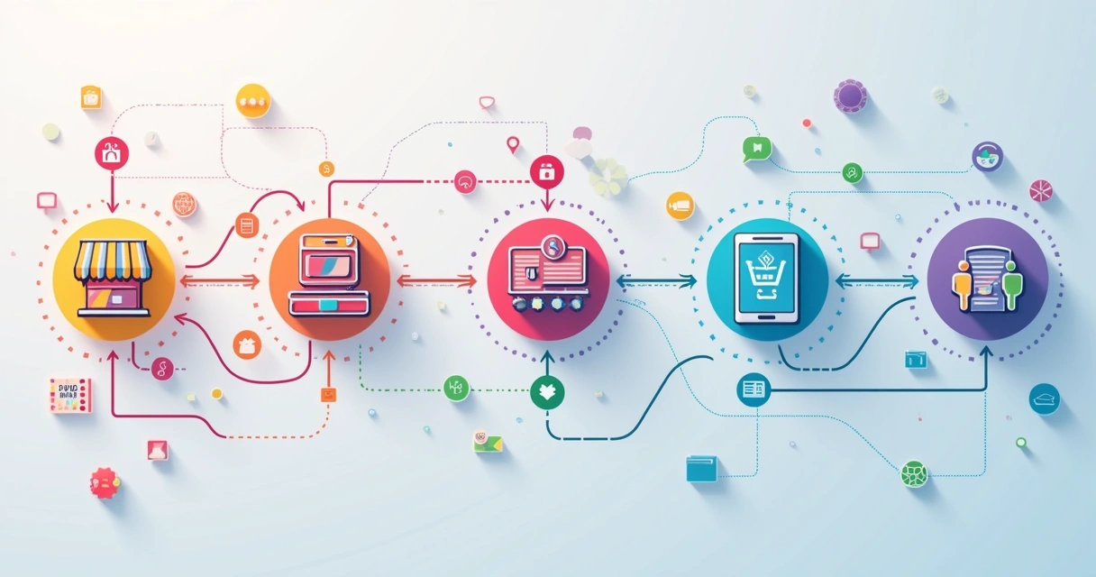 Diagrama colorido representando a jornada do cliente entre diferentes canais online e offline 