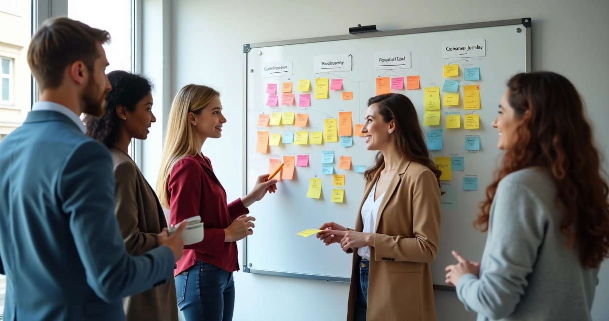Equipe reunida em frente a painel com post-its sobre etapas da jornada do cliente 