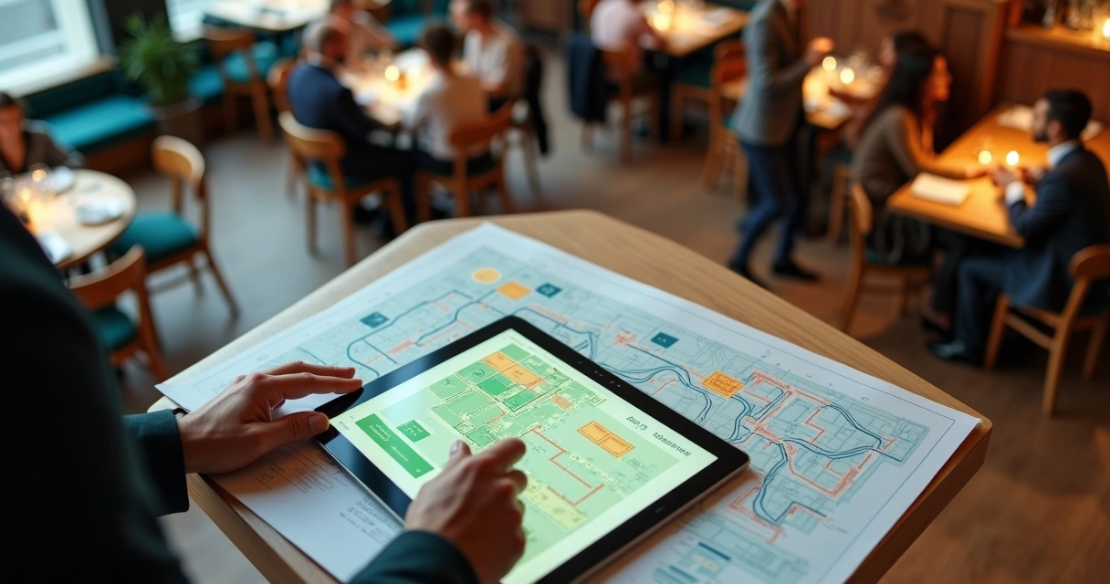 Gestor de restaurante analisando mapa da jornada do cliente sobre planta do salão 