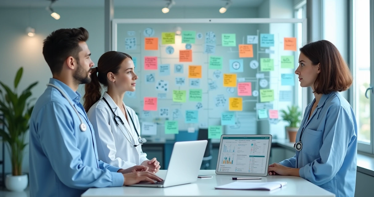 Equipe analisando jornada do paciente em painel da clínica 